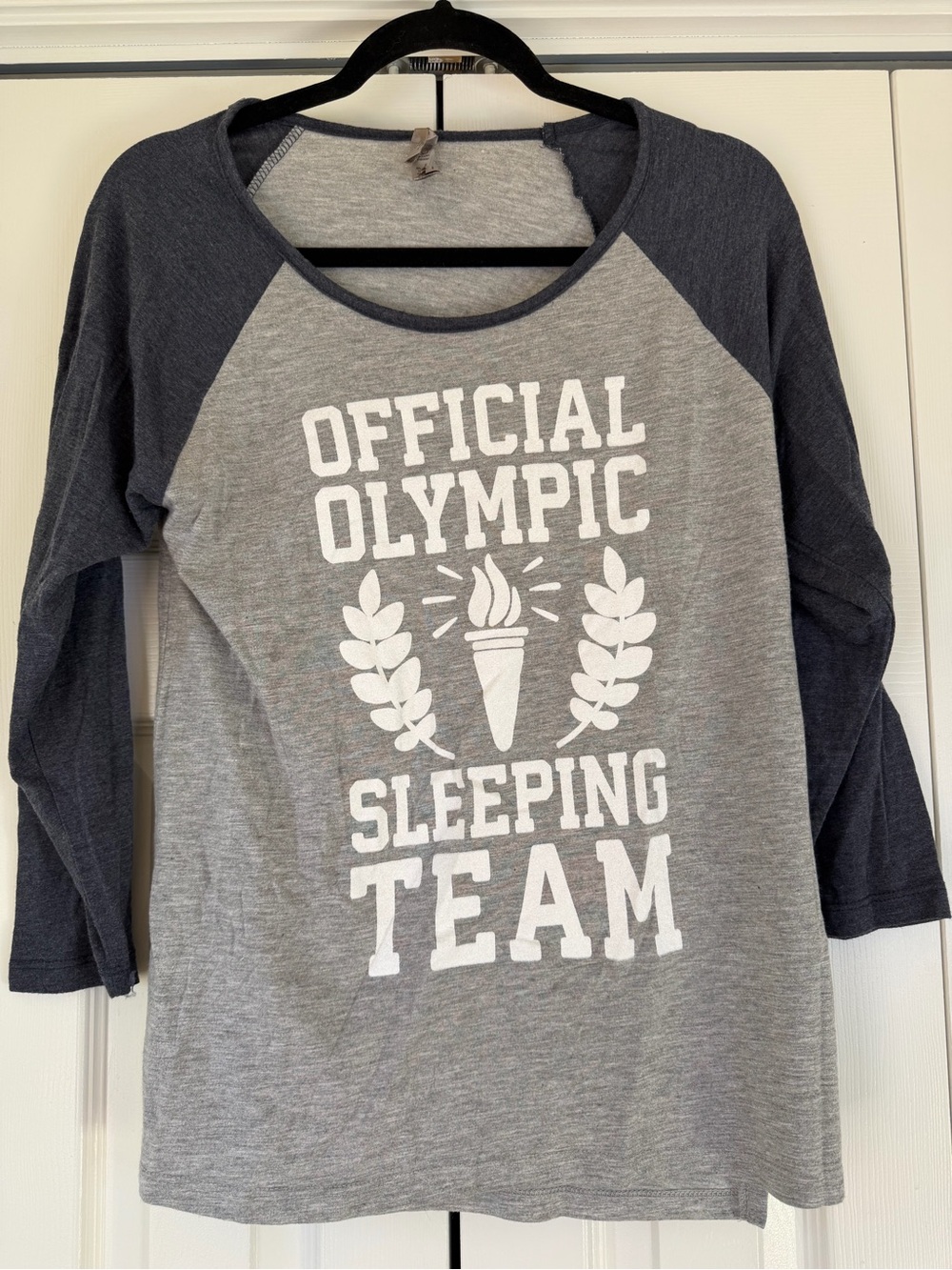 Graphic Raglan Long Sleeve Tee - 'Official Olympic Sleeping Team' in Gray & Navy